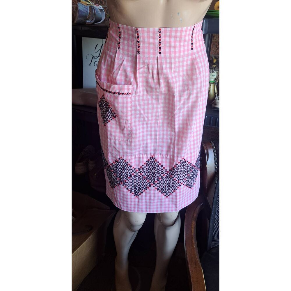 Vintage Pink Handmade Gingham Apron Embroidered Cottagecore Retro Kitchen Half A